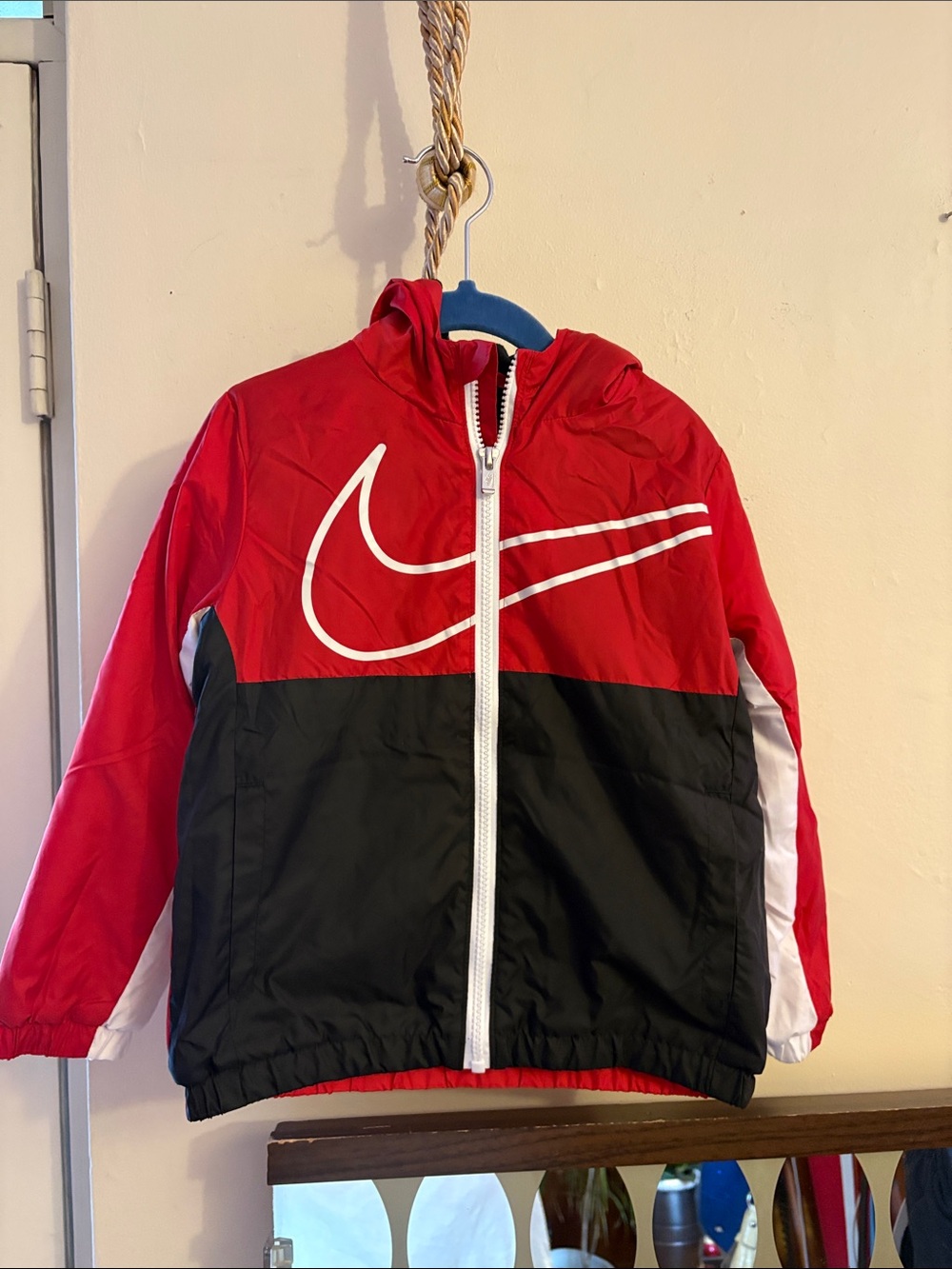Nike Red, Black & White Kids' Hooded Colorblock Puffer Jacket